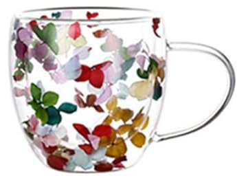 Dried Flowers Double Wall Glass Coffee Mugs,Creative Clear Glass Cups With Handle,Insulated Heat Resistant Christmas Birthday Gifts for Women Best Friend