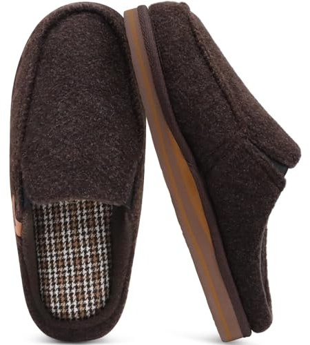 ONCAI Pantofole da Uomo in Comfort Pelo Cotone Strisce Ciabatte da Casa Feltro in Lana Peluche con Memory Foam Supporto Arco Suola in Gomma Marrone Taglia 46