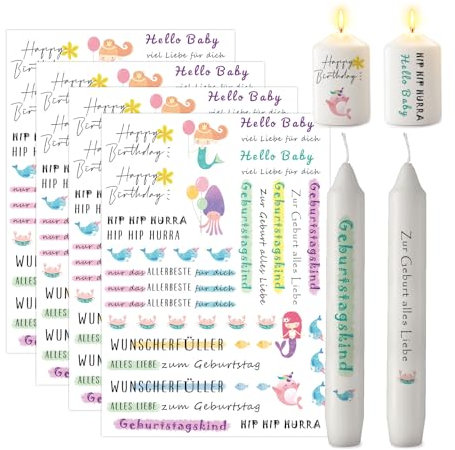 ALLAVA 4 Stück Kerzentattoos Geburtstag, Wasserschiebefolie Kerzen, Kerzensticker Kerzenfolie, Kerzen Tattoo Happy Birthday für Kerze Tasse DIY Geschenk, Kerzen Dekorieren, Kerzensprüche (D)
