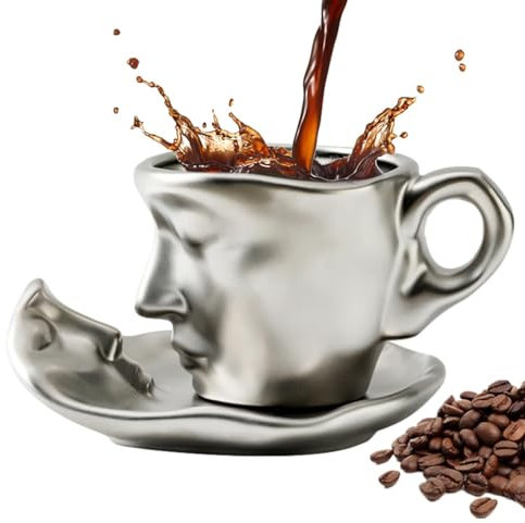 BommFu Tasse Avec Visage Ensemble De Tasses À Café Avec Visage Et Soucoupe, Tasses À Thé Kiss Face, Ensemble De Soucoupes, Tasse À Thé Personnalisée Avec Cuillère, Cadeaux Personnalisés, 100 Ml