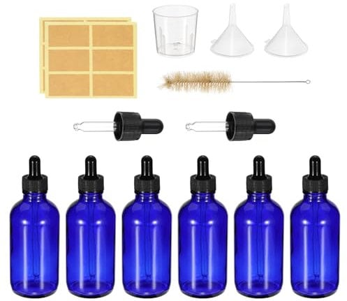 PATIKIL 120ml Glass Dropper Bottle, 6Pcs Leakproof Eye Dropper Essential Oils Sample Liquid Container with Brush Pipette Label Funnel Measuring Cup, Blue