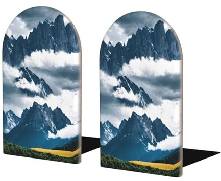 Serre-livres en bois robuste avec des montagnes et des nuages – Supports de livres pour livres, accessoires – Parfait pour le rangement de bureau à domicile