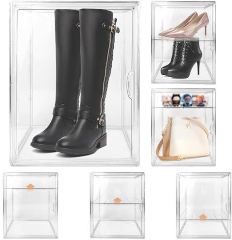 Eazyhurry Large Stackable Shoe Storage Box with Magnetic Door for Boots High Heels Sneakers Clear Storage Organiser Container with Lid and Divider