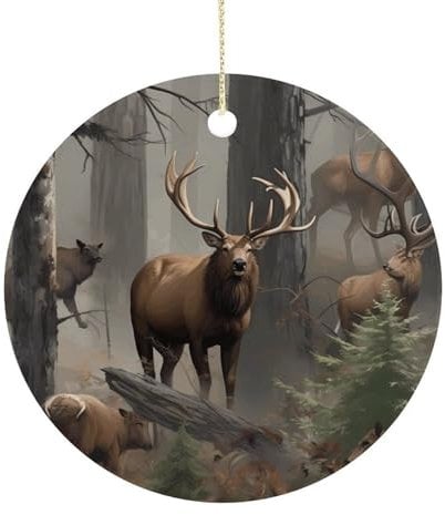 Weihnachtsbaumschmuck, Jagd, Hirsch, Bär, Elch, Druck, Freundschaftsschmuck, rund, Keramik, Weihnachtsbaum-Dekoration