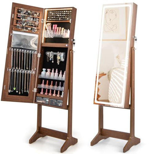 RELAX4LIFE Armoire a Bijoux avec Miroir LED, Miroir Bijoux LED Inclinable, Éclairage 3 Couleurs, Luminosité Réglable, Verrouillable, Armoire à Bijoux sur Pied pour Chambre Dressing Salon (Brun)