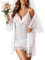 Avidlove Damen Dessous Set 3-Teilig Sexy Spitze Unterwäsche Set mit Slip Nachthemd Lingerie Morgenmantel Negligee Kimono Reizwäsche Babydoll und Höschen Weiß M