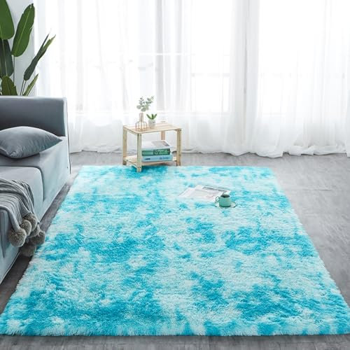 Wohnzimmer Teppich Hochflor Teppich 100 x 250 cm Langflor Teppiche Modern Teppich Wohnzimmerteppich Flauschig-Weiche, Weich, Pflegeleicht, Anti-Rutsch Unterseite, hellblau