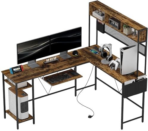 HOMCOM 160cm Reversible L Shaped Desk with Power Outlet, Industrial Corner Desk with Storage Shelves and Keyboard Tray, 240cm Long Computer Desk for 2 Person, Rustic Brown