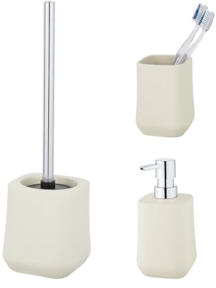 Schöner Wohnen Kollektion Bad-Accessoire Set Mod. Adine 3tlg aus hochwertiger Keramik in Ecru rutschsicherer Seifenspender Zahnputzbecher WC-Garnitur Maße 11x38,5 cm