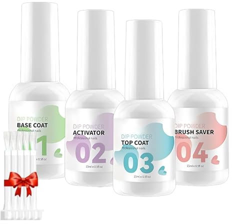 Dip Powder Nail Liquid Kit with Base Coat Activator Top Coat and Brush Saver Set, No UV/Light Needed for Quick Drying, Long Lasting High Gloss Finish for 2-3 Weeks, Healthy Low Odor Formula(7ML*4)