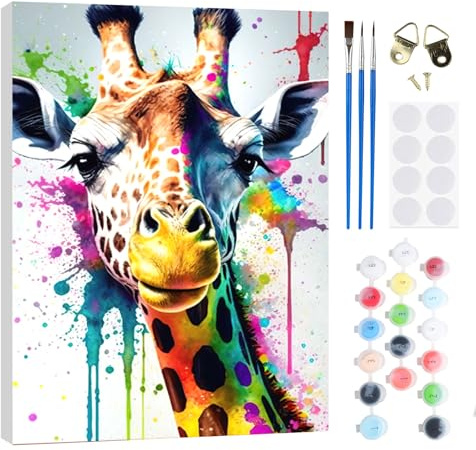 RICUVED Giraffe Buntes Malen nach Zahlen Erwachsene Kinder, Malen nach Zahlen Tiere DIY Handgemalt Ölgemälde Kit Paint by Numbers Adult mit Rahmen 3 - Pinseln und Acrylfarbe Kit 20x30cm