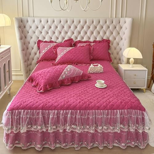 Lirzxin Bed Sheet, Rose Red 1 Piece Fitted Sheet with Bedskirt Solid Color Flower Vines Embossing Textured with Embroidered Lace Velvet Sheets Fade Resistant Bedding, Rose Red, 200x220CM