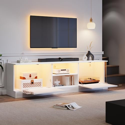 Lexiou Mobile TV bianco lucido, adatto per TV fino a 70 pollici, supporto per TV da pavimento, mobile TV con funzione di conservazione a LED