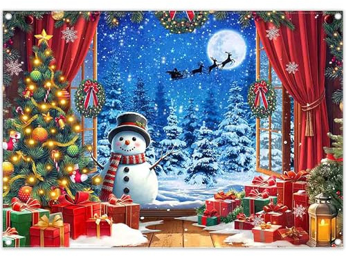 Luminora 2,1x1,5m Fondo Navidad Bosque Rojo Nevado | Escena con ventana, muñeco de nieve, regalos y árboles para decoración de Nochebuena