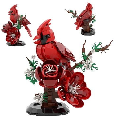 DzirePada Vögel Roter Rosen Bausteine Bausatz mit Sockel, 529 Teile MOC Tier Modell Dekorationen, Botanische Sammlung Blumen Spielzeug Kinder Erwachsene Mädchen