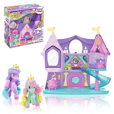Magic PONYS School of Magic Spielset – großes Spielschloss für Mädchen mit 2 exklusiven Ponys & Glow-in-the-Dark Effekt, Pferde Spielzeug & Einhorn Haus