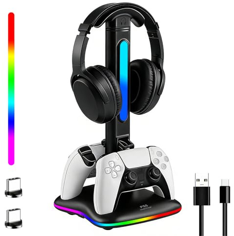 JDGPOKOO Chargeur de manette de PS5 avec support de casque RVB, station de charge pour manette PS5 avec 2 ports USB, support de casque et de manettes pour PlayStation 5, cadeaux de jeu pour hommes et