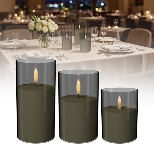 YRHome 3tlg.LED Kerzen Flammenlose Kerzen Mit Timer Funktion Flammenkerzen LED Stumpenkerzen für Haus, Hochzeit, Weihnachts,stilvolle,Heim deko - Mattes Grau
