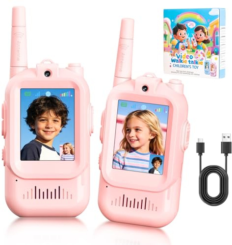 Walkie Talkie Kinder Video Funkgerät mit Bildschirm und 3 Sprachverzerrer, 300 m Reichweite, Wiederaufladbarer USB-C, robust Ideal für Familie, Garten und Partys, 2er-Pack, Rosa