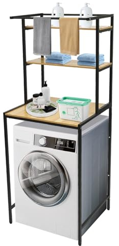 YUYUZI 3 Tier Washer Dryer Storage Rack with Towel Bar – Freestanding Bathroom Space Saver Organiser for Washing Machine & Tumble Dryer, Laundry Room Shelf, Black & Wood Finish, Adjustable Feet