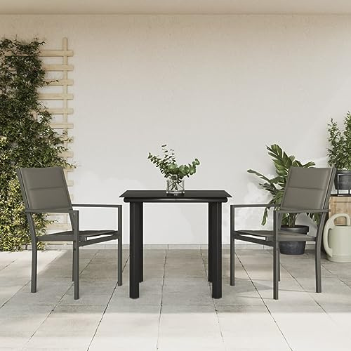 Runheo Ensemble à Manger de Jardin 3 pcs Noir, textilène et Acier, Table en Verre trempé, chaises Confortables pour Patio, Balcon