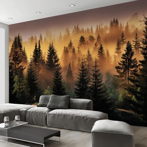 WIVCOMD Orange Mural Wallpaper Misty Pine Forests and Fields Wall Mural for Room Decoration Natural Scenery Silk Wallpaper for Living Room Bedroom- Orange