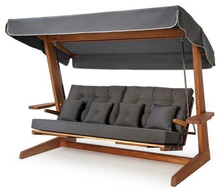 WESTMANN Hollywoodschaukel Luna 2600, 260x139x195 cm, Grau | Hollywoodschaukel aus massivem Lärchen- und Irokoholz mit stufenweise verstellbarer Rückenlehne, Sonnendach für 4 Personen.