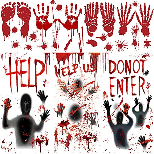 HOWAF Halloween Gruselige Blutige Deko für Fenster Tür Spukhaus, Horror Plastik Folie Poster Abdeckung 155*77cm, Blutiger Hand Füße Abdrücke Aufkleber, Realistisch Wirkender Geist Silhouette Blut Wort
