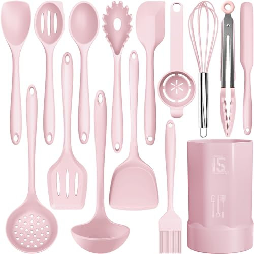 Silicone Cooking Utensils Set - 446°F Heat Resistant Kitchen Utensils,Turner Tongs,Spatula,Spoon,Brush,Whisk,Kitchen Utensil Gadgets Tools Set for Nonstick Cookware,Dishwasher Safe BPA Free(Pink)