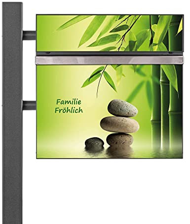 banjado® Standbriefkasten Anthrazit mit Namensschild Innere Ruhe & Zeitungsfach/Briefkasten mit Standfuß in Anthrazit/Postkasten A4 Einwurf inkl. Montagematerial & 2 Schlüsseln