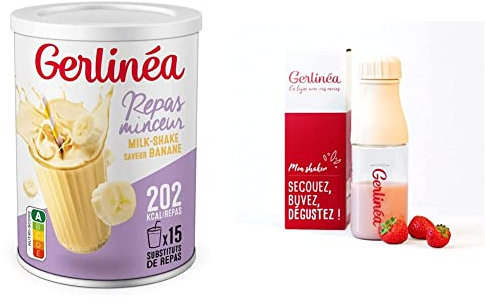 Gerlinéa Boisson Milkshake goût Banane + Shaker, Substituts de repas riche en protéines Poudre à reconstituer contient 15 repas, Shaker inclus