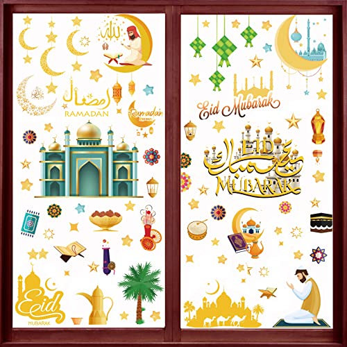 121 Stück Ramadan Fensteraufkleber, Fensterbild Set Eid Mubarak, Fenstersticker Eid al-Fitr, Ramadan Eid Mubarak Dekoration, Muslim Fensteraufkleber Partyzubehör Stern Halbmond Laterne Aufkleber