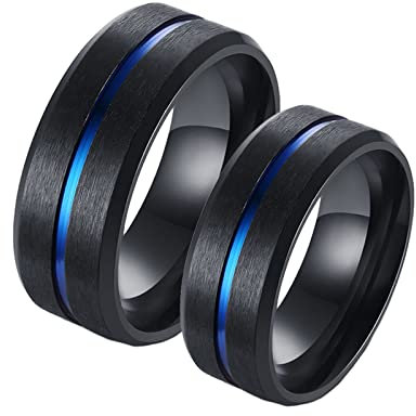 BCughia Paar Ring an Kette, Partnerring Schwarz Edelstahl 8 mm Schwarzer Gebürsteter Ring mit Abgeschrägter Kante Damengröße 57(18.1), Herrengröße 54(17.2)