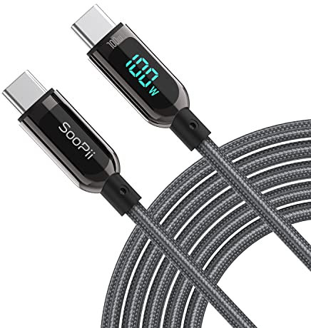 SOOPII 100W USB C to USB C Cable,Nylon Braided Type-C Cable,PD Fast Charging Cable with LED Display for lPhone 15/15 Pro,lPad Air, MacBook Pro,Galaxy S23/S22 (1.2M,Grey)