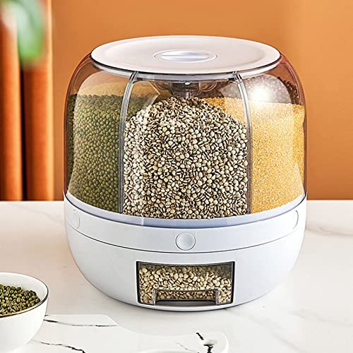Grain Dispenser, Rice Storage Container Large Capacity, 6 Grid 360° Rotating Sealed Grain Food Storage Box Rice Bucket Dry Food Fruit Box(22lb)