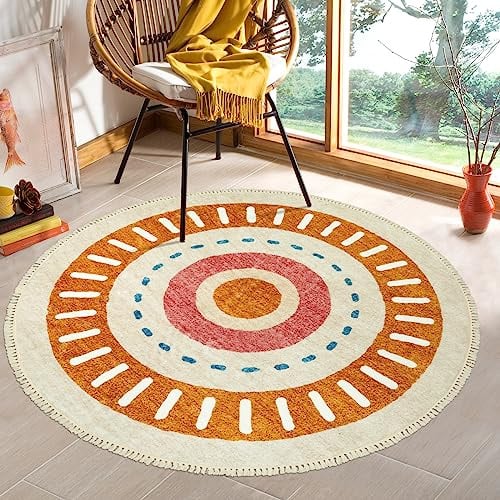 Lukinbox Runder Boho-Teppich – 1,52 m Sonne, waschbarer Teppich für Wohnzimmer, superweich, rutschfest, rund, für Schlafzimmer, bunte Regenbogen-Teppiche für Kinderzimmer, Spielzimmer, Esszimmer