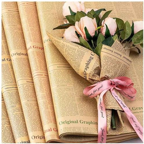 20 Blatt Geschenkpapier, 50 x 70 cm Kraftpapier Retro Zeitung für Blumen Geschenkpapier, Braun Vintage DIY Verpackungspapier für Jahrestag Valentinstag Muttertag Weihnachten (Schwar Buchstabe)