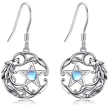 Wolf-Ohrringe aus Sterlingsilber keltischer Wolf Pentagramm Mondstein Baumelnde Ohrringe Wikinger-Wolf-Schmuck Geschenke für Frauen