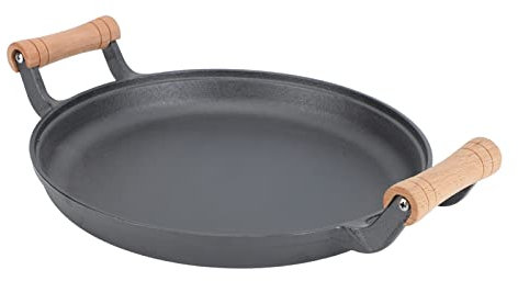 Gonetre Sartén para barbacoa, sartén para carne, sartén para asar carne, sartén para barbacoa con asas de madera dobles redondas de hierro fundido para asar carne, sartenes para reuniones de barbacoa