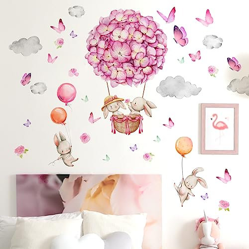 HGDESIGN® Wandtattoo Wandaufkleber Blumen Ballon Hase Lila Kinderzimmer Babyzimmer Kind Baby Mädchen Wandsticker Wandbild Wanddeko (B)