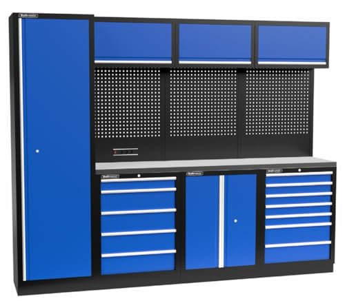 Kraftmeister Werkstatteinrichtung - Männerküche mit 12 Schubladen und 5 Schränken - Werkzeugschrank, Garage - modulares Werkbank mit Edelstahl Arbeitsplatte und Werkzeugwand - Blau