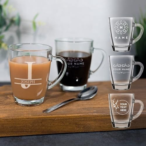 Personalised Glass Coffee Mug Engraved Hot Drink Tea Cup Your Own Message Bespoke Designs Personalized Glass (Style 1)