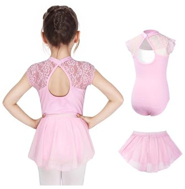 Gogokids 2er Pack Ballett-Trikots für Mädchen, Kleinkind Kurzarm Gymnastikanzug mit Abnehmbarem Chiffonrock, Kinder Ballett Tanzkleidungsset für 10-11 Jahre