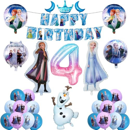 UdacA Gefroren Geburtstagsdeko Mädchen, 25 Stück Luftballons Gefrorene, Elsa Ballons Geburtstag Deko mit Happy Birthday Banner für Kindergeburtstag Deko 4. Geburtstag