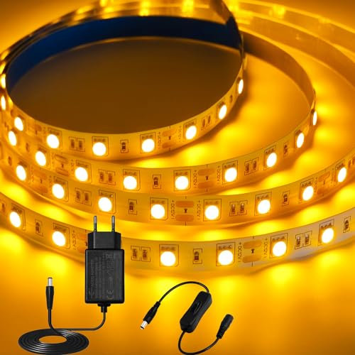 iNextStation LED Strip Gelb 5M, 12V Selbstklebend LED Streifen 300 SMD5050 LEDs Flexible LED Lichtband Kette LED Lichtband Leiste für Innen Heim Küche Deko DIY, Mit Netzteil