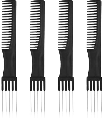 Lot de 4 peignes à cheveux avec broche en métal, peigne de coiffage en carbone noir avec peigne de coupe de cheveux en acier inoxydable pour femme et homme