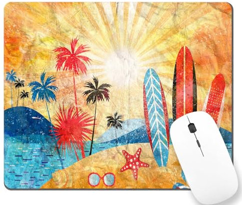 Aquarell-Mauspad mit hellen Sommerlandschaften mit Palmen und Strand, rutschfeste Gummiunterseite, Gaming-Mauspads für Computer, Laptop, Büro, 240 mm x 200 mm x 3 mm