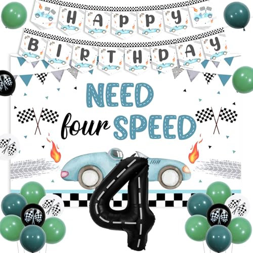 Racing 4. Geburtstag Party-Dekorationen, brauchen für Speed Backdrop, Racing Car Geburtstag Banner, Nummer 4 karierten Folienballon für Jungen Vintage Race Car Thema 4 Jahre alt Party-Dekorationen