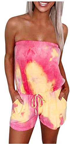 Jumpsuit Damen Kurz Einteiler-Hosen Mit Gürtel mit Taschen Bandeau Overall Sommer Trägerloser Playsuit Eleganter Romper Batik Jumpsuits Onesie Sportanzug Bunt Strandanzug