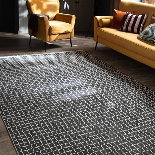 Schöner Wohnen Kollektion Hochwertiger Teppich Wohnzimmer, Schlafzimmer - Kurzflor Teppich weich - Flachgewebe Moderne Muster - Hochtief Design - Teppich Anthrazit 133 x 190 cm